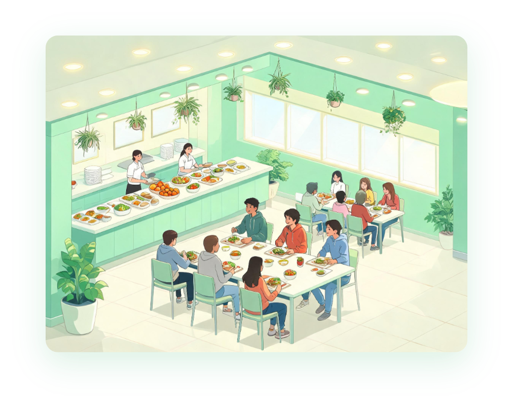 学生在校园食堂就餐的场景